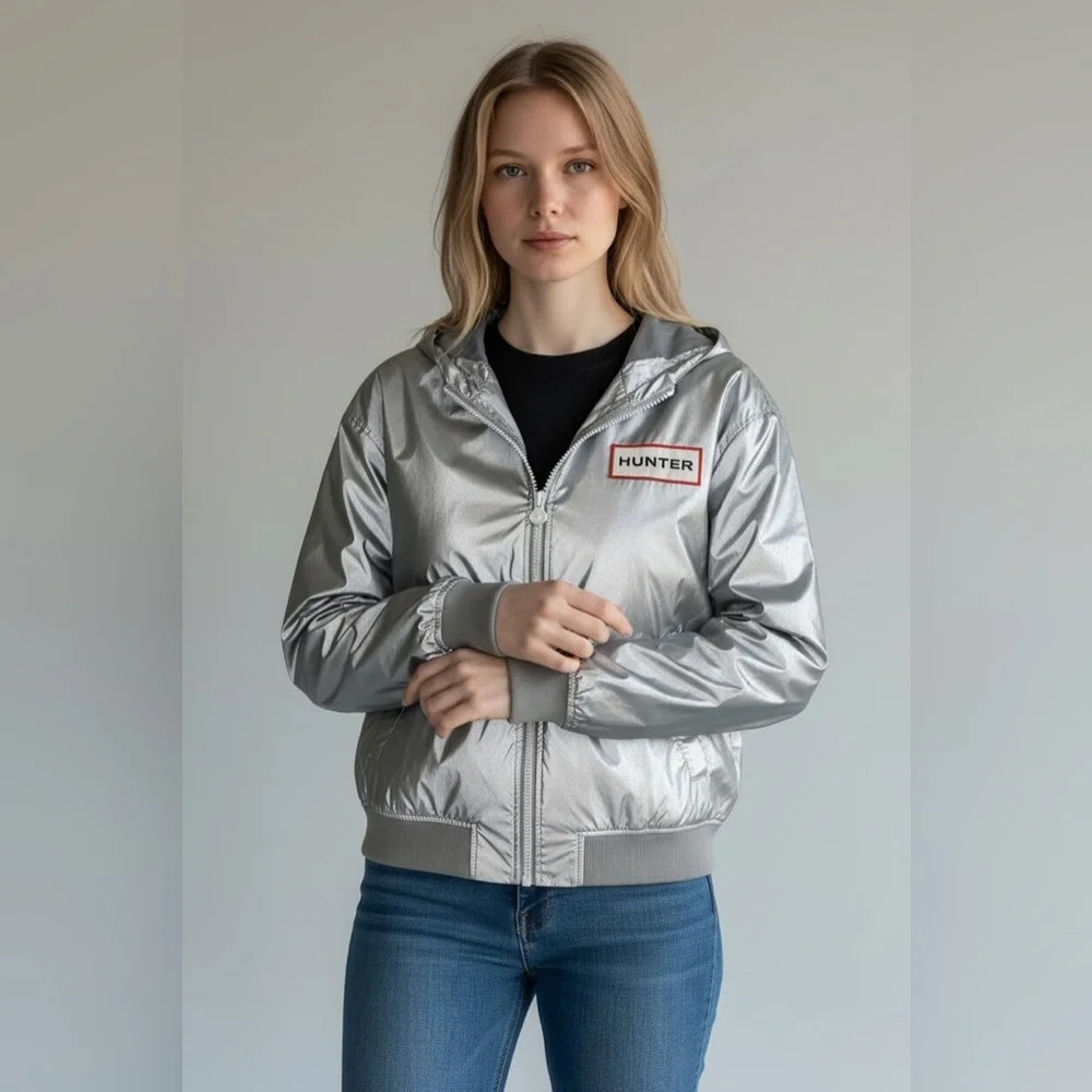 HUNTER Long Sleeve Zip Up Rain All Weather Wind Metallic Reflective Jacket